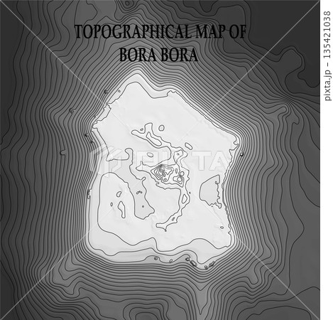 Topographic map in black and white. Geographic relief of mountains and ocean floor in vector illustration. Texture of topographic image. Graphic contour lines of height. Bora Bora, French Polynesia, 135421038