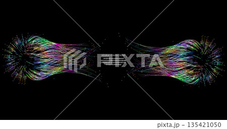 Abstract vector visualization of neural connections. Thin colored lines connect nodes, creating a dynamic flow of information. Gradients and glowing dots highlight the learning process of the neural 135421050