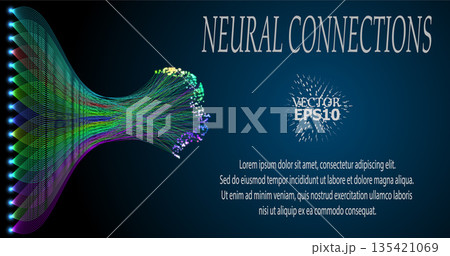An abstract image of a data stream forming the silhouette of a human head. The glowing lines symbolize the neural network and information processing, creating a futuristic and technological style. 135421069