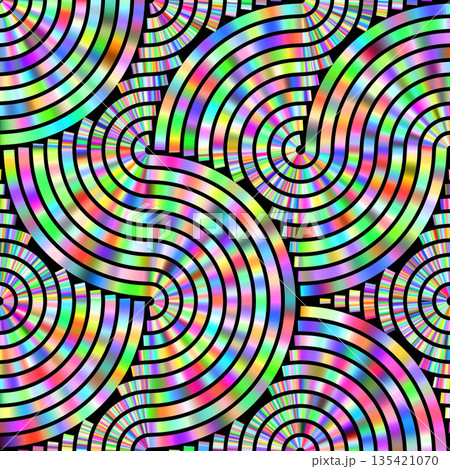 An abstract pattern of multi-colored concentric circles that creates a holographic effect. Vibrant color transitions and smooth lines give the image a dynamic and hypnotic style. 135421070