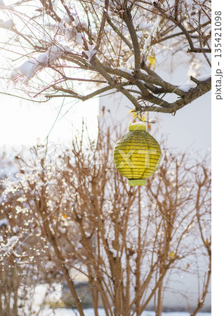 Yellow lantern hanging from bare tree branches covered with snow, creating a calm winter atmosphere, outdoor decoration, seasonal nature background. Yellow lantern hanging from bare tree branches covered with snow, creating a calm winter atmosphere, outdoor decoration, seasonal nature background. 135421098