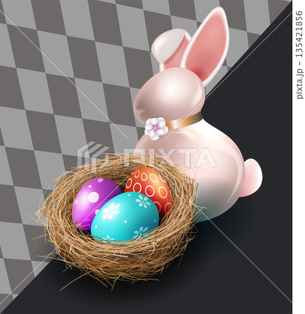 Happy Easter. Isolated design element featuring a porcelain bunny and a nest with Easter eggs Happy Easter. Isolated design element featuring a porcelain bunny and a nest with Easter eggs 135421856