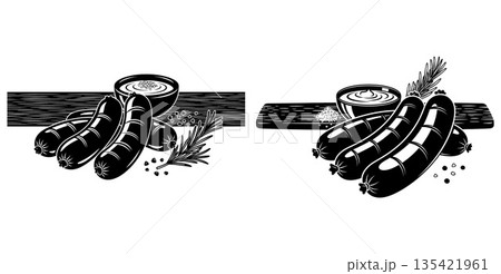 Gourmet Sausages With Dip Rosemary And Spices On Wooden Board 135421961