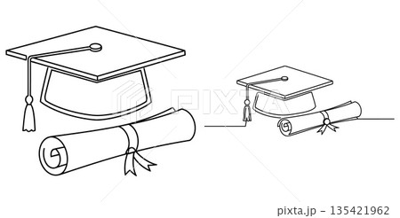 Graduation cap and diploma scroll outline illustration for academic achievement 135421962