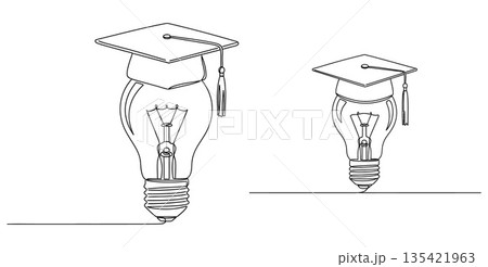 Graduation cap atop glowing lightbulbs symbolizing education and bright ideas in simple line art Graduation cap atop glowing lightbulbs symbolizing education and bright ideas in simple line art 135421963