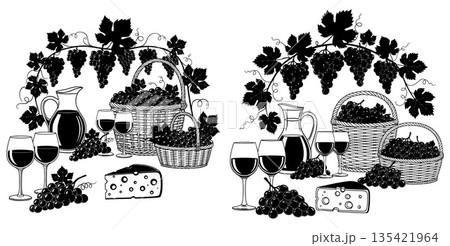 Grapes wine and cheese arrangement with vineyard vine elements and decorative swirls 135421964