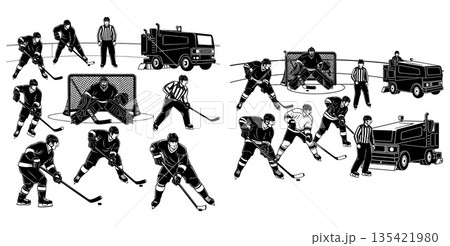 Hockey players and referees on ice with Zamboni machines in dynamic black and white illustrations 135421980