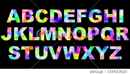 Bright alphabet letters filled with a mosaic pattern of multi-colored cells. Abstract style with geometric elements creates a stained glass effect on a black background. Bright alphabet letters filled with a mosaic pattern of multi-colored cells. Abstract style with geometric elements creates a stained glass effect on a black background. 135422610