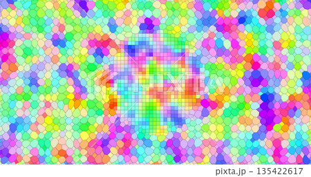 A vibrant mosaic wall with polygonal elements surrounded by a frame of small squares. The stained glass style with rich colors creates a dynamic pattern with an abstract art effect. 135422617