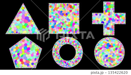 Geometric shapes filled with bright mosaic patterns. The effect resembles stained glass or digital abstraction, combining color spots and clear contours on a black background. Geometric shapes filled with bright mosaic patterns. The effect resembles stained glass or digital abstraction, combining color spots and clear contours on a black background. 135422620