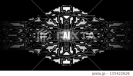 Monochrome digital circuit with central chip. Black background and silver lines create high-tech style with minimalist aesthetics, symbolizing artificial intelligence and advanced technologies. Monochrome digital circuit with central chip. Black background and silver lines create high-tech style with minimalist aesthetics, symbolizing artificial intelligence and advanced technologies. 135422626