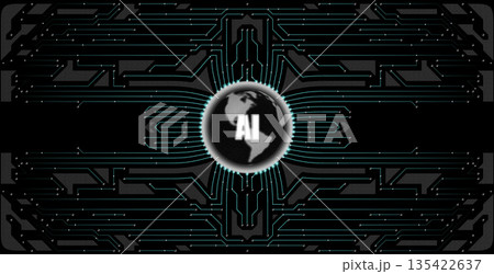 A futuristic composition in cyberpunk style. The globe in the center is connected to an abstract circuit board, symbolizing the digitalization of the world and the technologies that govern the planet. 135422637