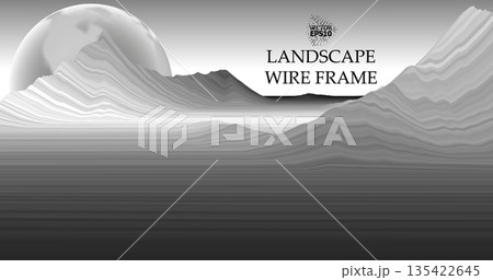 Abstract digital representation of a surface with a 3D wireframe grid pattern, showcasing peaks and valleys resembling terrain. A large, semi-transparent sphere with a dotted texture adds a Abstract digital representation of a surface with a 3D wireframe grid pattern, showcasing peaks and valleys resembling terrain. A large, semi-transparent sphere with a dotted texture adds a 135422645