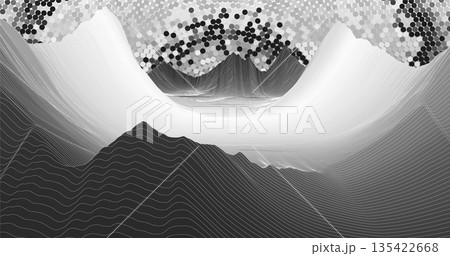 Abstract digital representation of a surface with a 3D wireframe grid pattern, showcasing peaks and valleys resembling terrain. A large, semi-transparent sphere with a dotted texture adds a futuristic Abstract digital representation of a surface with a 3D wireframe grid pattern, showcasing peaks and valleys resembling terrain. A large, semi-transparent sphere with a dotted texture adds a futuristic 135422668