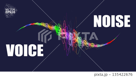 Colored sound waves from particles on a black background. Contrast emphasizes the difference in structure. Abstract style, sound design, data visualization. Colored sound waves from particles on a black background. Contrast emphasizes the difference in structure. Abstract style, sound design, data visualization. 135422676