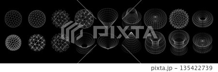 A collection of geometric shapes, designed as a grid frame on a black background. Includes spheres, cubes and pyramids, showing various shapes and structures. 135422739