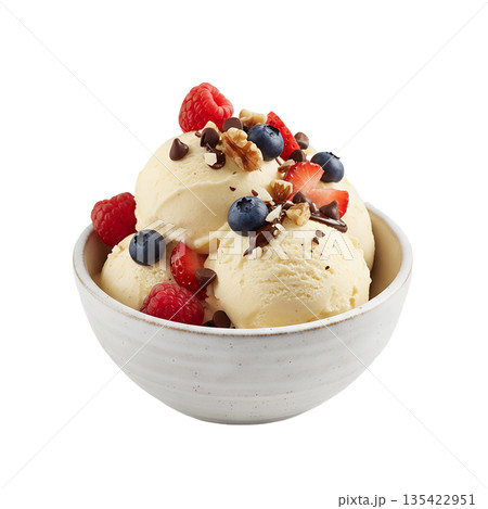Bowl of creamy vanilla ice cream topped with fresh mixed berries and crunchy nuts, the perfect indulgent dessert or summer treat Bowl of creamy vanilla ice cream topped with fresh mixed berries and crunchy nuts, the perfect indulgent dessert or summer treat 135422951