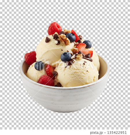 Bowl of creamy vanilla ice cream topped with fresh mixed berries and crunchy nuts, the perfect indulgent dessert or summer treat Bowl of creamy vanilla ice cream topped with fresh mixed berries and crunchy nuts, the perfect indulgent dessert or summer treat 135422951