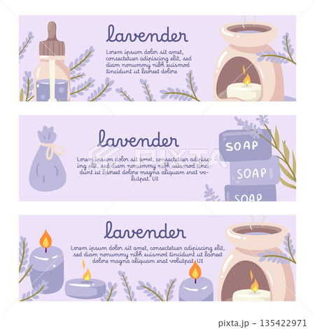 Lavender scented products arranged in a clean horizontal layout. Perfect for social media banners or organic shop decorations. Lavender scented products arranged in a clean horizontal layout. Perfect for social media banners or organic shop decorations. 135422971