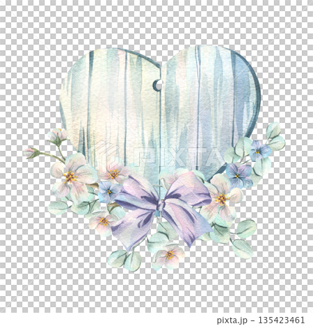 A wooden heart with spring apple blossoms and a purple bow. A delicate hand-drawn botanical illustration for a greeting card for Mother's Day, Weddings, Valentine's Day, and Women's Day. 135423461