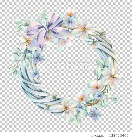 A spring floral wreath made of vines, painted in watercolor, with a bow and apple and hydrangea blossoms, for Mother's Day. Hand-drawn botanical illustration for greeting cards and seasonal decor. A spring floral wreath made of vines, painted in watercolor, with a bow and apple and hydrangea blossoms, for Mother's Day. Hand-drawn botanical illustration for greeting cards and seasonal decor. 135423462