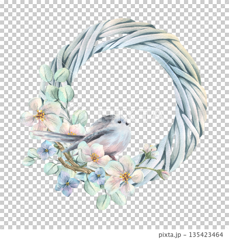 A watercolor wreath featuring a long-tailed tit. A hand-drawn spring floral frame with flowers. The illustration is perfect for Mother's Day, Women's Day, Valentine's Day, Easter, and weddings. A watercolor wreath featuring a long-tailed tit. A hand-drawn spring floral frame with flowers. The illustration is perfect for Mother's Day, Women's Day, Valentine's Day, Easter, and weddings. 135423464