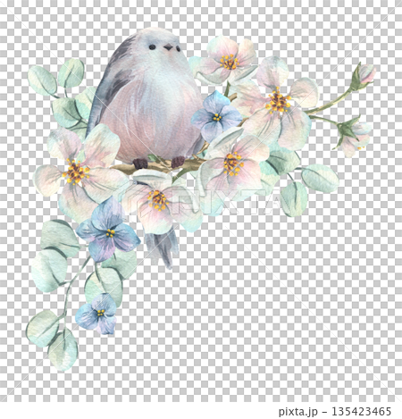 A long-tailed tit perched on a blossoming white apple tree with hydrangea flowers and eucalyptus branches. A delicate hand-drawn watercolor illustration for spring wedding and holiday designs. 135423465