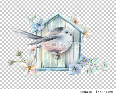 A long-tailed tit perched on an elegant wooden birdhouse surrounded by delicate apple and hydrangea blossoms. A delicate hand-painted watercolor illustration. Perfect for weddings and spring holidays. A long-tailed tit perched on an elegant wooden birdhouse surrounded by delicate apple and hydrangea blossoms. A delicate hand-painted watercolor illustration. Perfect for weddings and spring holidays. 135423466