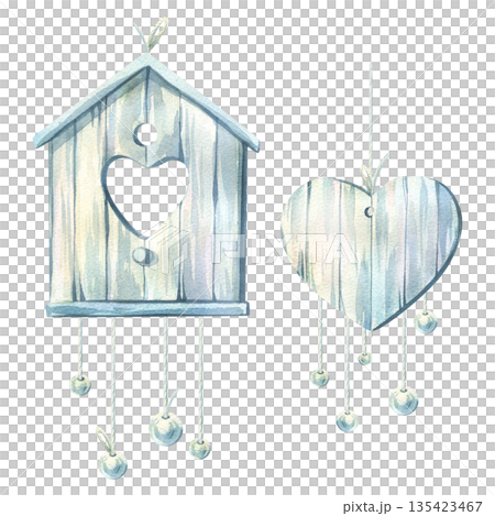 A wooden birdhouse with a heart and beads on white-blue pendants. Spring decor elements, hand-drawn watercolor illustrations. Perfect for spring holidays, such as Mother's Day, March 8th, and weddings 135423467