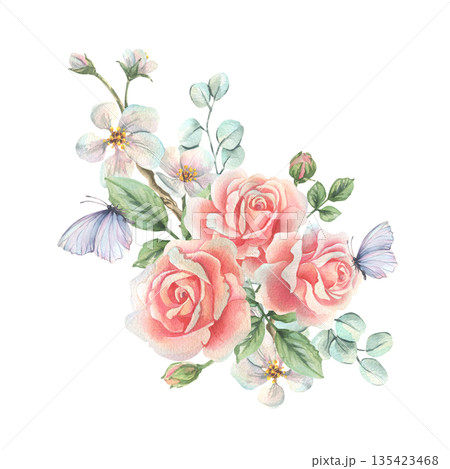 Pink roses, fresh white apple blossoms with purple butterflies, and a delicate bouquet with eucalyptus. Hand-drawn watercolor illustration for a Valentine's Day or Mother's Day greeting card. 135423468