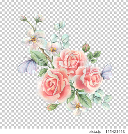 Pink roses, fresh white apple blossoms with purple butterflies, and a delicate bouquet with eucalyptus. Hand-drawn watercolor illustration for a Valentine's Day or Mother's Day greeting card. 135423468