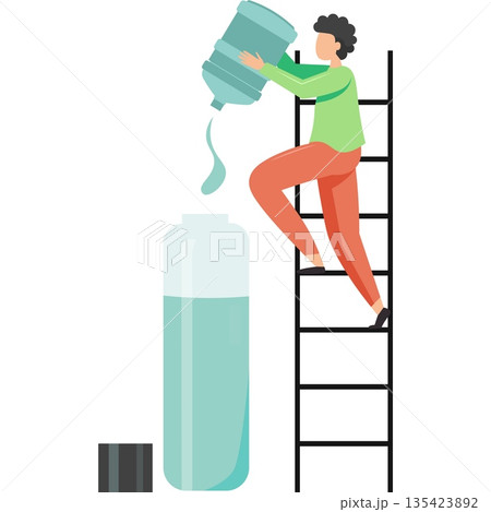Man with water bottle collecting rainwater standing on ladder vector icon isolated on white Man with water bottle collecting rainwater standing on ladder vector icon isolated on white 135423892
