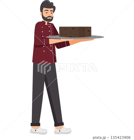 Confectioner carrying cake on tray vector icon isolated on white Confectioner carrying cake on tray vector icon isolated on white 135423906