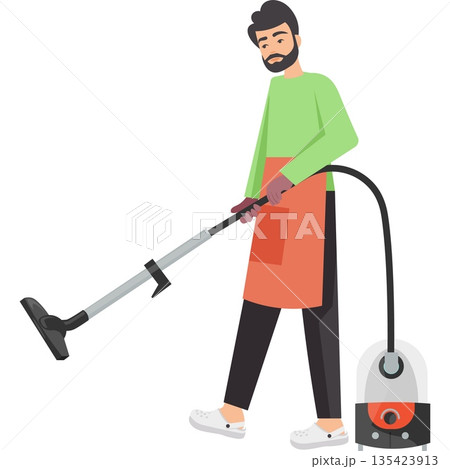 Man in apron vacuuming floor vector icon isolated on white Man in apron vacuuming floor vector icon isolated on white 135423913
