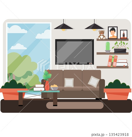Cozy home living room interior vector icon isolated on white 135423918