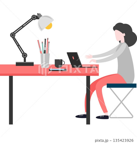 Woman freelancer brainstorming working at laptop computer at home office vector icon Woman freelancer brainstorming working at laptop computer at home office vector icon 135423926