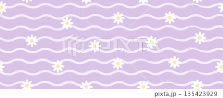 Baby wavy patter. Dynamic kids background with chamomile print. Purple playful striped wallpaper design. Vector illustration 135423929