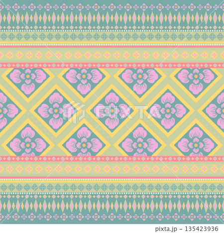 Exquisitely Colorful Traditional Pink Flowers and Geometric. Pate Malay Fabric, Indonesian Culture Pattern Seamless Vector. Nature, Floral, Leaves, Botanic for Vintage, Classy, Hand Weaves 135423936