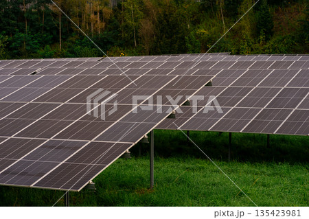 View of large solar panels on a solar farm on an autumn morning in the Austrian Alps. View of large solar panels on a solar farm on an autumn morning in the Austrian Alps. 135423981