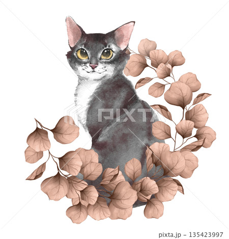 Watercolor illustration of a grey cat character sitting among brown dried leaves. Botanical composition with a pet isolated on white background for autumn decor, posters and greeting cards. Watercolor illustration of a grey cat character sitting among brown dried leaves. Botanical composition with a pet isolated on white background for autumn decor, posters and greeting cards. 135423997