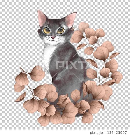 Watercolor illustration of a grey cat character sitting among brown dried leaves. Botanical composition with a pet isolated on white background for autumn decor, posters and greeting cards. Watercolor illustration of a grey cat character sitting among brown dried leaves. Botanical composition with a pet isolated on white background for autumn decor, posters and greeting cards. 135423997