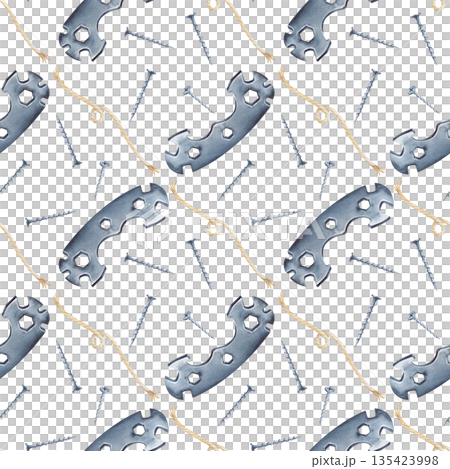 Diagonal seamless pattern with a metal bicycle wrench, a piece of jute rope and self-tapping screws on an isolated background. Watercolor illustration with working tools. A realistic template with men Diagonal seamless pattern with a metal bicycle wrench, a piece of jute rope and self-tapping screws on an isolated background. Watercolor illustration with working tools. A realistic template with men 135423998