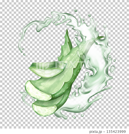 Hand-drawn illustration of aloe vera slices with water splash, emphasizing freshness and hydration for skincare themes. Hand-drawn illustration of aloe vera slices with water splash, emphasizing freshness and hydration for skincare themes. 135423999