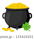 Saint Patricks Day illustration. Cauldron with gold coins and clover. Symbol of luck. Pile of gold, money. Irish festive national items. 135424201