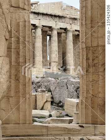 Ruins of Ancient Temple of Athena Nike With Tall Stone Columns Under Open Sky, Athens Greece Ruins of Ancient Temple of Athena Nike With Tall Stone Columns Under Open Sky, Athens Greece 135424306