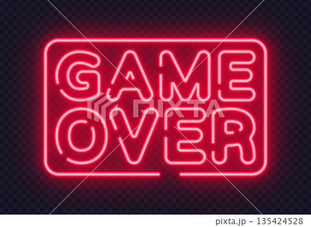 Red neon game over sign with bold typography for gaming screens and dramatic endings. Strong glow enhances intense mood. 135424528