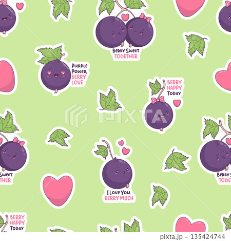 Cute Kawaii Blackcurrant Sticker Seamless Pattern. Romantic Berry Puns and Hearts on Green Background. Cartoon Characters for Holiday, Valentine Day Design. Vector illustration Cute Kawaii Blackcurrant Sticker Seamless Pattern. Romantic Berry Puns and Hearts on Green Background. Cartoon Characters for Holiday, Valentine Day Design. Vector illustration 135424744