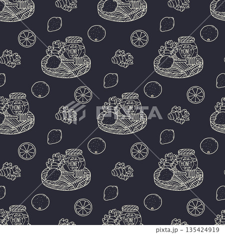 Hand drawn honey jar with ginger and lemon on wooden board black and white seamless pattern. Flu natural medicine repeat background Hand drawn honey jar with ginger and lemon on wooden board black and white seamless pattern. Flu natural medicine repeat background 135424919
