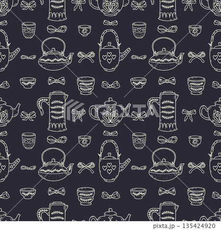 Hygge tea pots and cups doodle icons seamless pattern. Cozy rustic pottery line art wallpaper Hygge tea pots and cups doodle icons seamless pattern. Cozy rustic pottery line art wallpaper 135424920