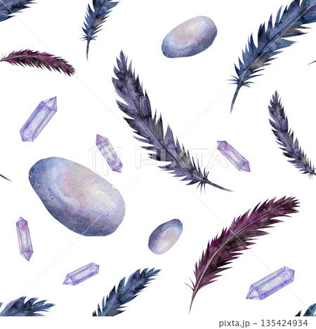 Seamless watercolor pattern with multicolored mystical feathers, purple crystals, smooth stones. White background, hand-drawn. For natural and magical designs 135424934